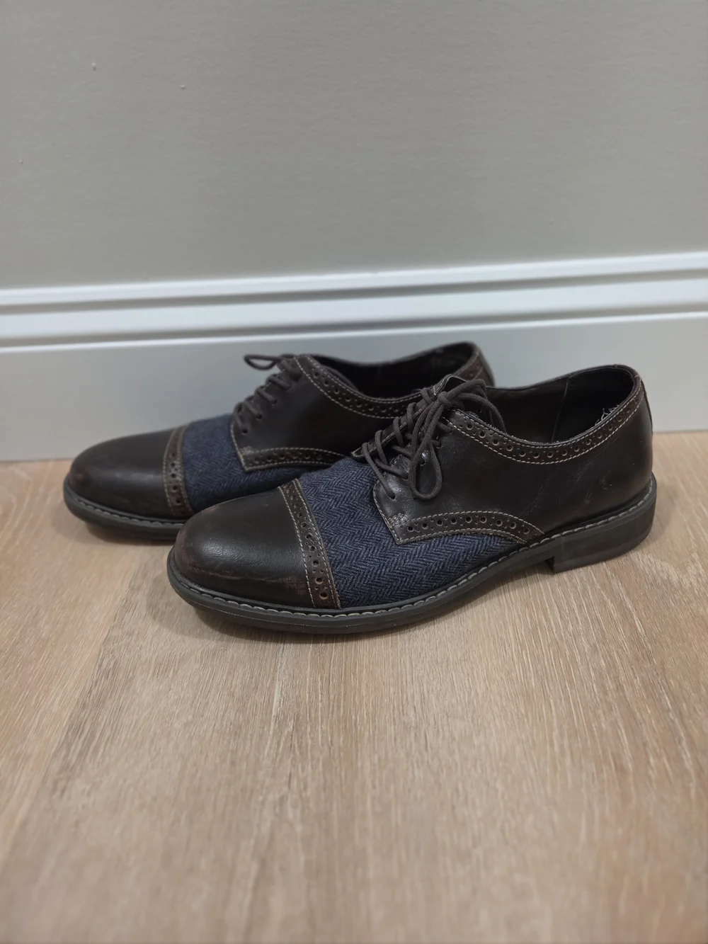 G.H. Bass & Co. Brown Leather and Navy Fabric Wingtip Oxfords